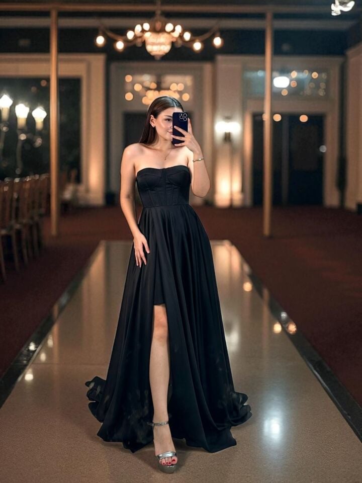 Zaris İnce Saten Korse Ve Yırtmaç Detaylı Siyah Abiye Elbise 40