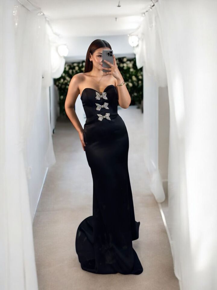 Ribon Straplez Taşlı Kurdele Detaylı Balık Model Siyah Abiye Elbise 40