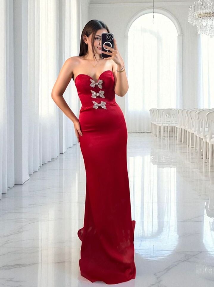 Ribon Straplez Taşlı Kurdele Detaylı Balık Model Kırmızı Abiye Elbise 36