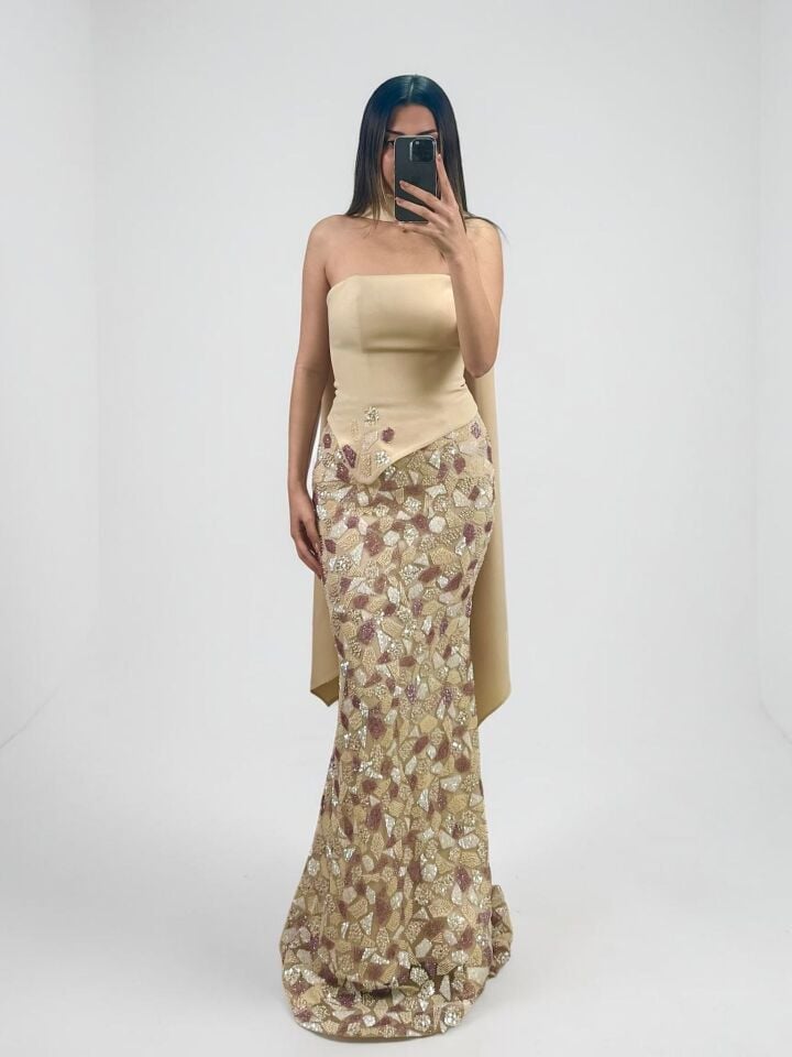 Lavin Fularlı Straplez Korseli Bej Renk Boncuk İşlemeli Balık Kesim Abiye Elbise 38