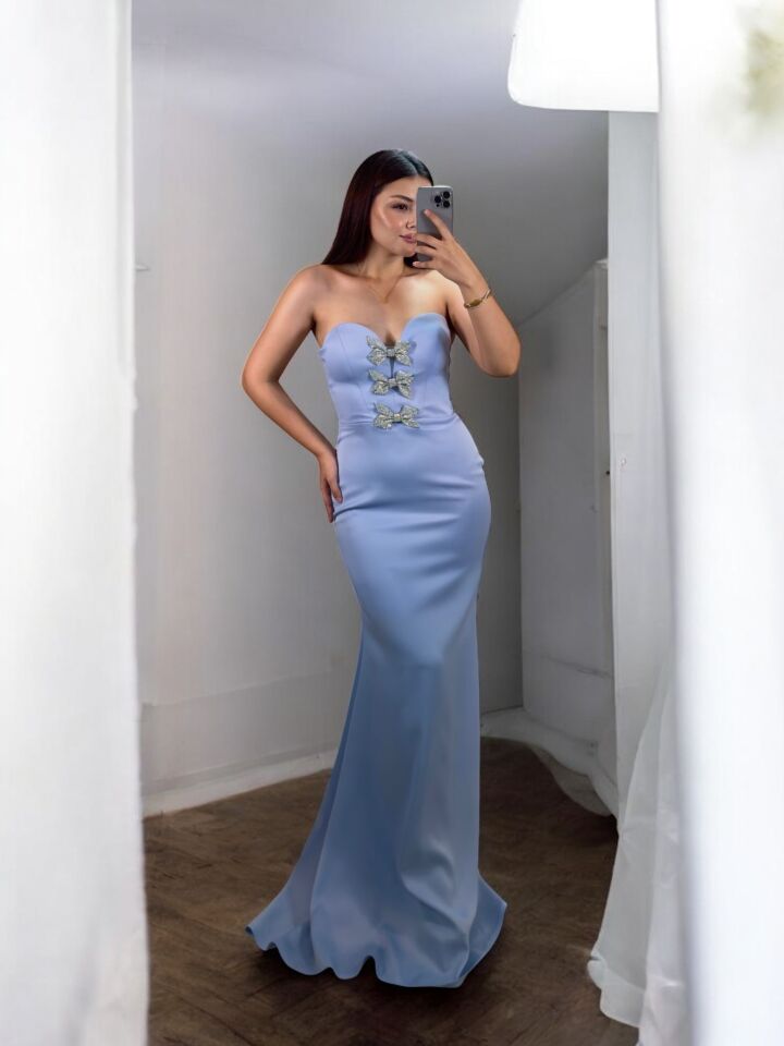 Ribon Straplez Taşlı Kurdele Detaylı Balık Model Bebe Mavisi Abiye Elbise