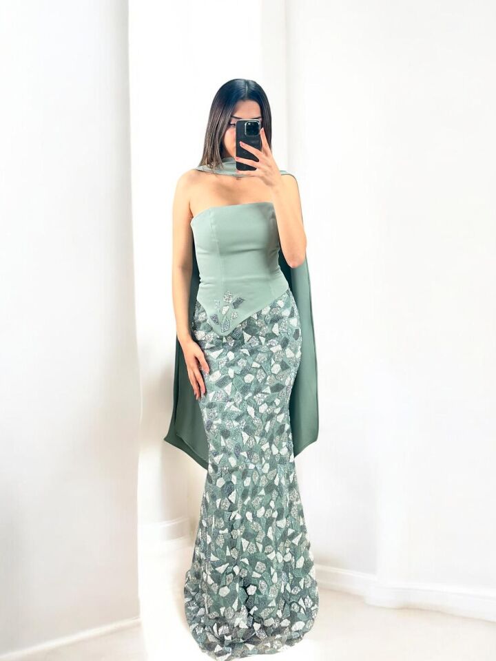 Lavin Fularlı Straplez Korseli Mint Renk Boncuk İşlemeli Balık Kesim Abiye Elbise 40