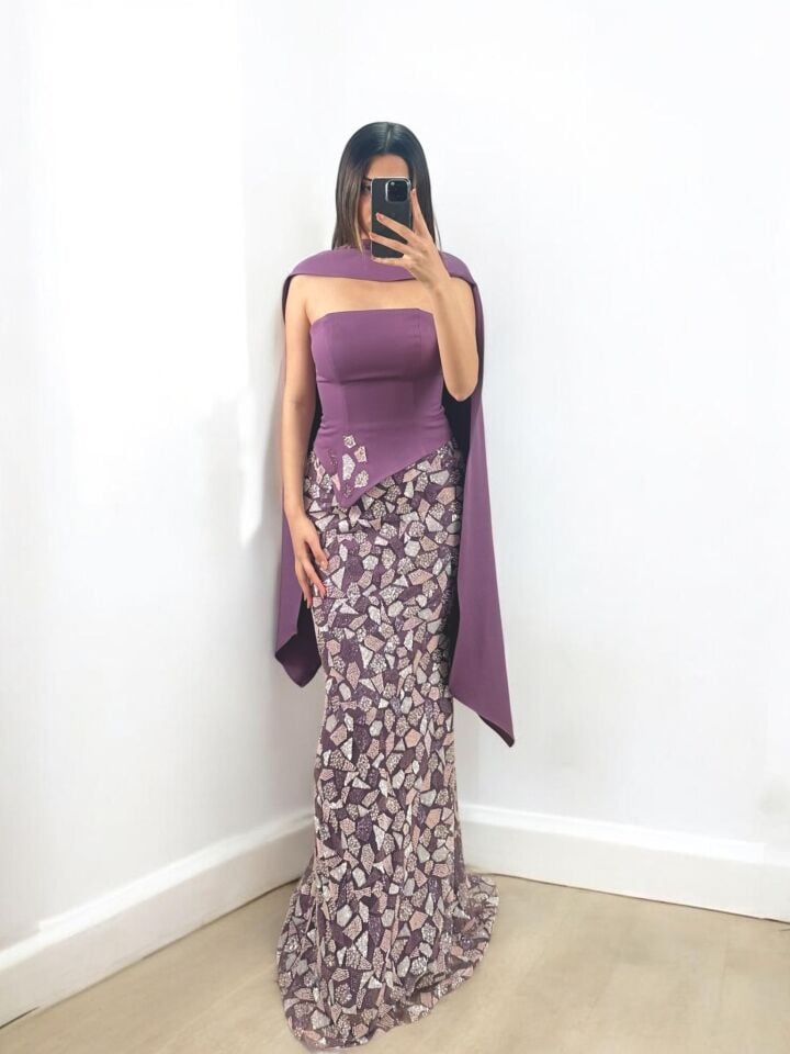 Lavin Fularlı Straplez Korseli Leylak Renk Boncuk İşlemeli Balık Kesim Abiye Elbise 40