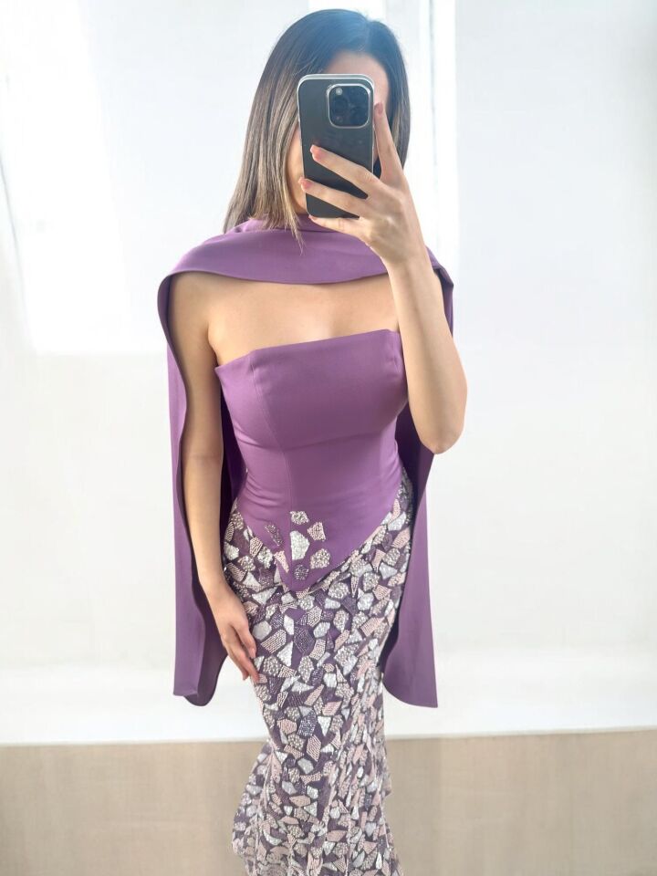 Lavin Fularlı Straplez Korseli Boncuk İşlemeli Balık Kesim Abiye Elbise 36