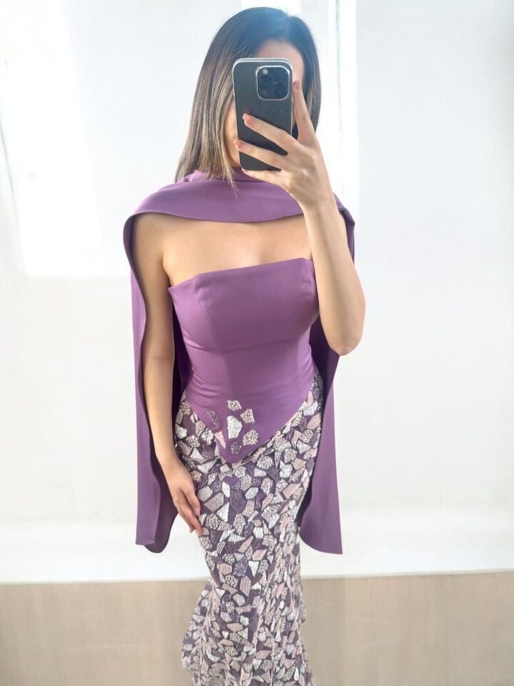 Lavin Fularlı Straplez Korseli Leylak Renk Boncuk İşlemeli Balık Kesim Abiye Elbise 40