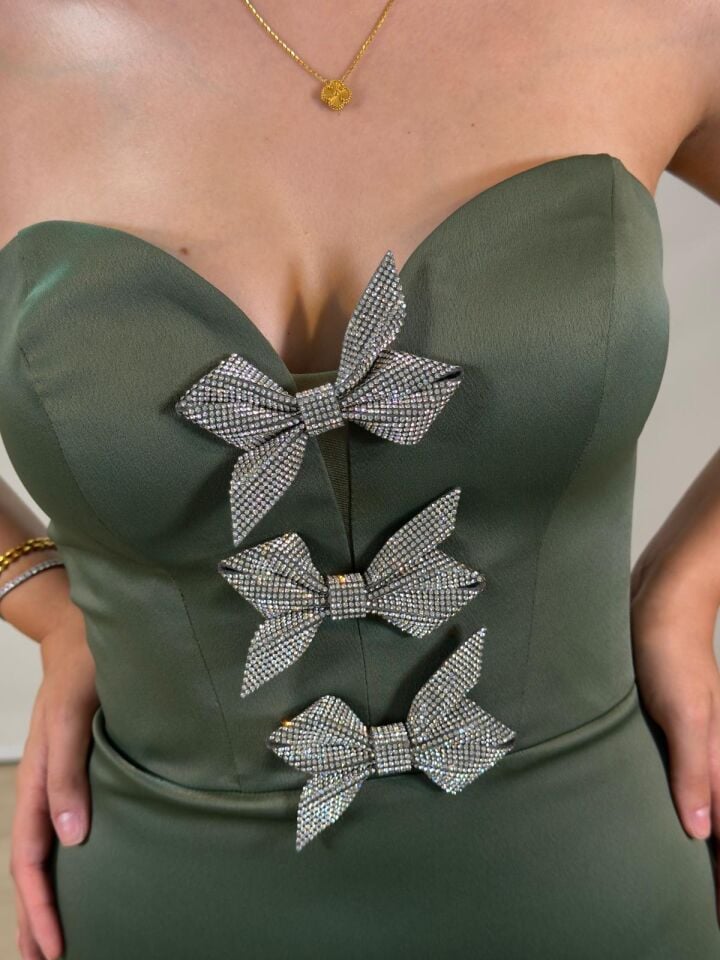 Ribon Straplez Taşlı Kurdele Detaylı Balık Model Yeşil Abiye Elbise 36