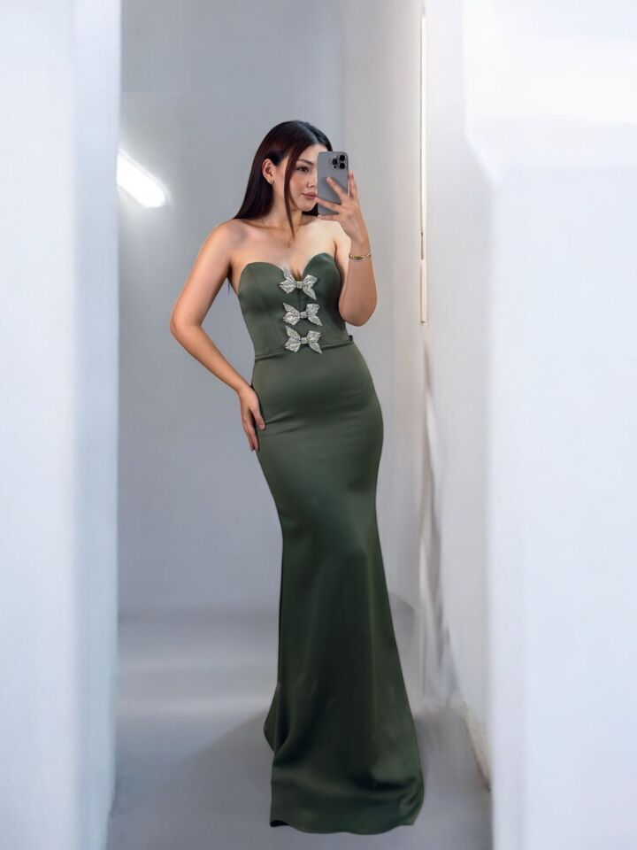 Ribon Straplez Taşlı Kurdele Detaylı Balık Model Yeşil Abiye Elbise 40