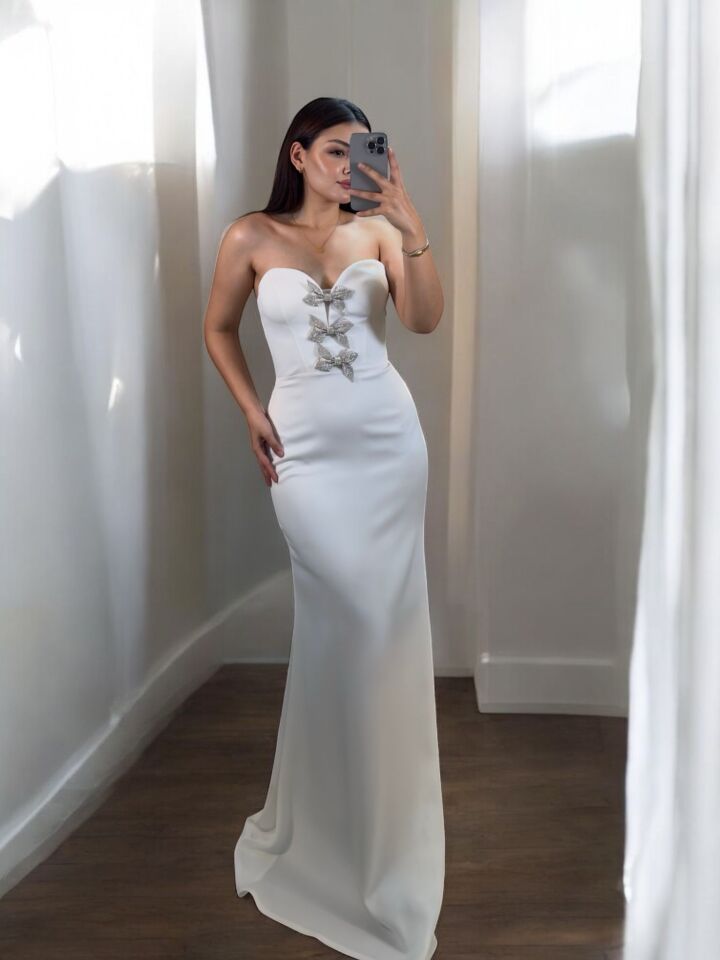 Ribon Straplez Taşlı Kurdele Detaylı Balık Model Beyaz Abiye Elbise