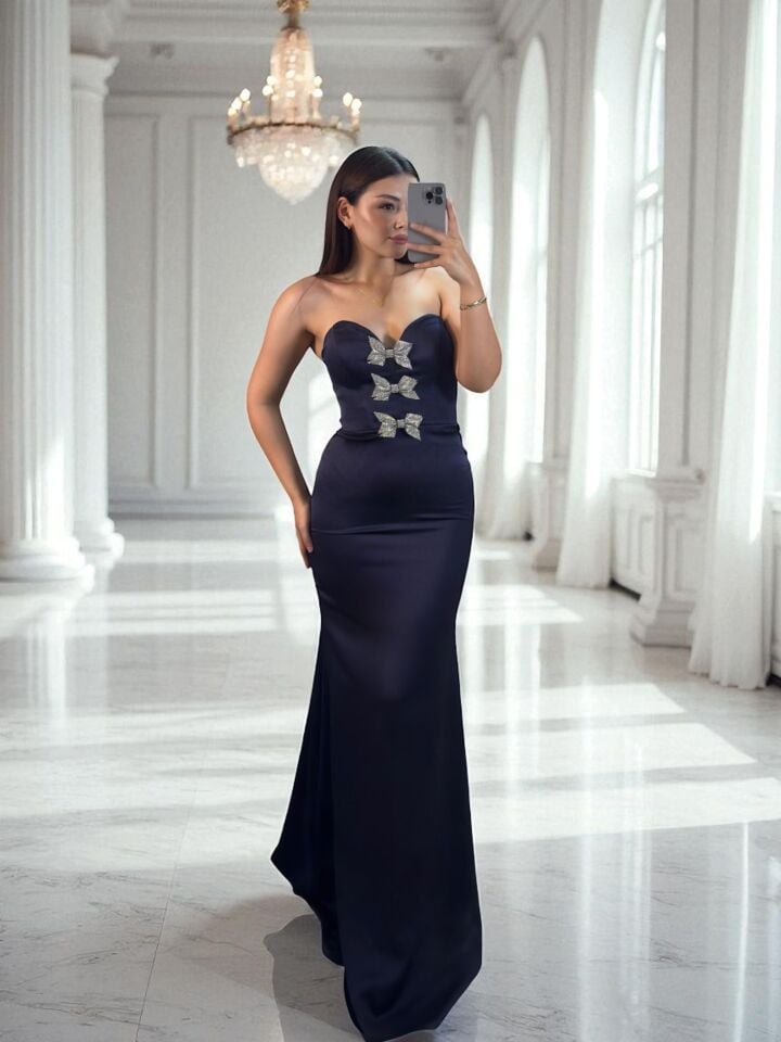 Ribon Straplez Taşlı Kurdele Detaylı Balık Model Lacivert Abiye Elbise 40