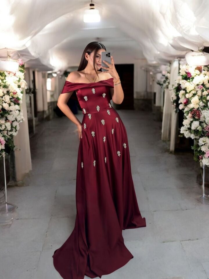 Madonna Zirkon Taşlı Saten Bordo Renk Abiye Elbise 42
