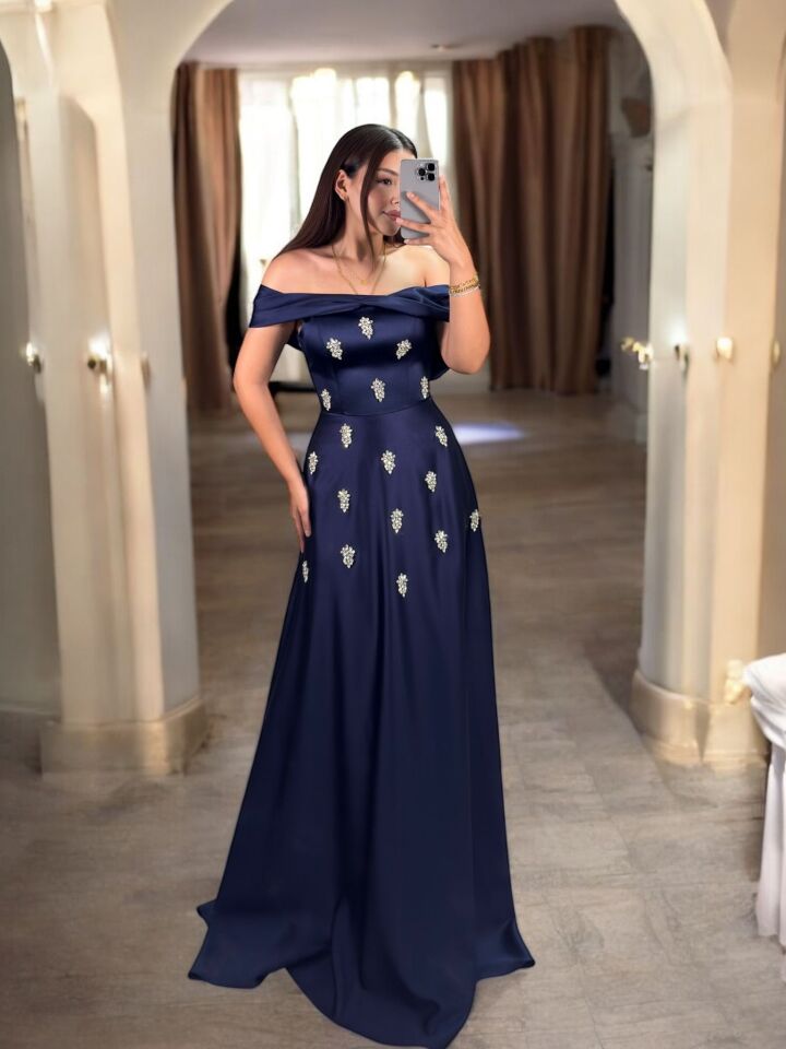 Madonna Zirkon Taşlı Saten Lacivert Renk Abiye Elbise 46