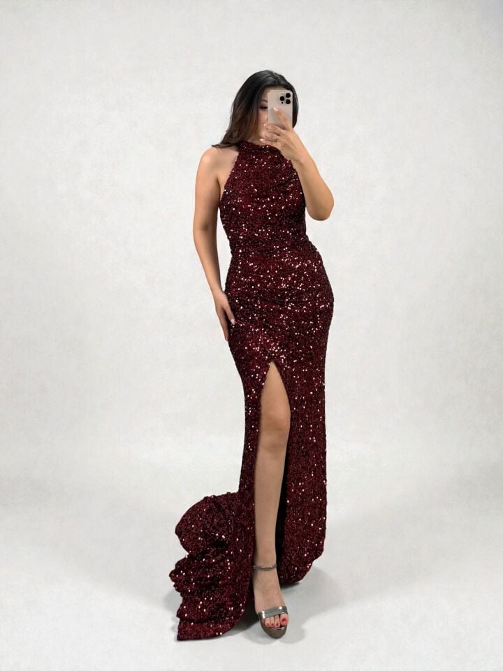 Tessa Halter Yaka Full Payetli Bordo Renk Abiye Elbise 40