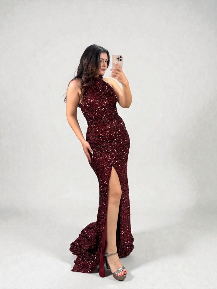 Tessa Halter Yaka Full Payetli Bordo Renk Abiye Elbise 40