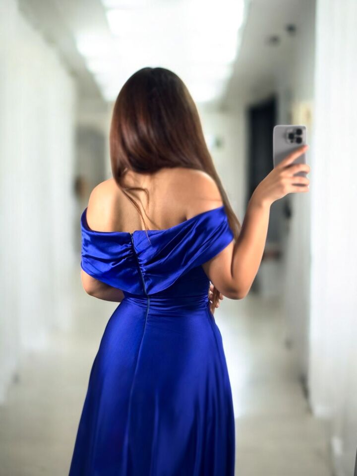 Madonna Zirkon Taşlı Saten Saks Mavisi Renk Abiye Elbise 50