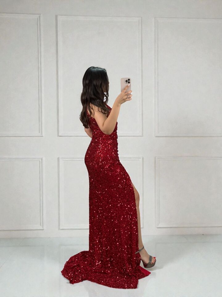 Tessa Halter Yaka Full Payetli Kırmızı Renk Abiye Elbise 38