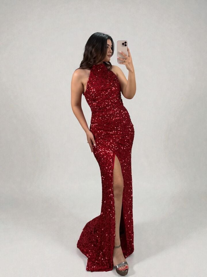 Tessa Halter Yaka Full Payetli Kırmızı Renk Abiye Elbise 36