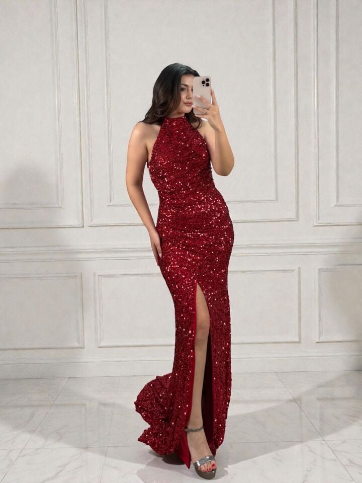 Tessa Halter Yaka Full Payetli Kırmızı Renk Abiye Elbise 40