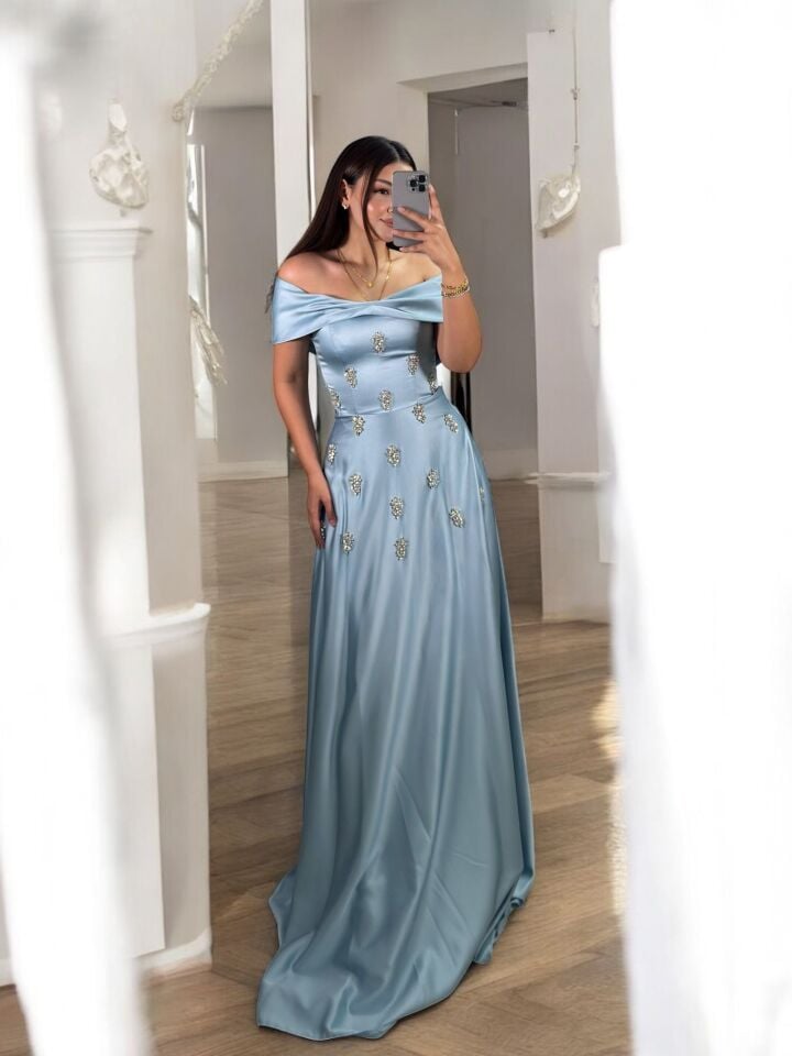 Madonna Zirkon Taşlı Saten Bebe Mavisi Renk Abiye Elbise 42