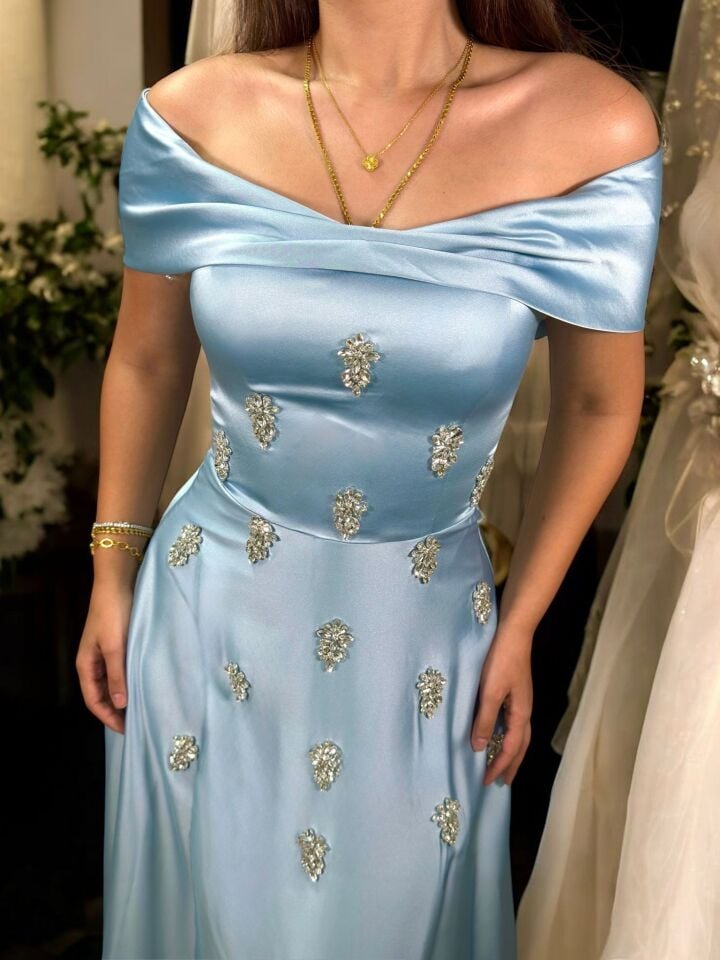 Madonna Zirkon Taşlı Saten Bebe Mavisi Renk Abiye Elbise 42