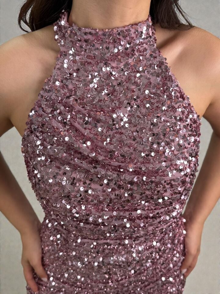 Tessa Halter Yaka Full Payetli Pembe Renk Abiye Elbise 42