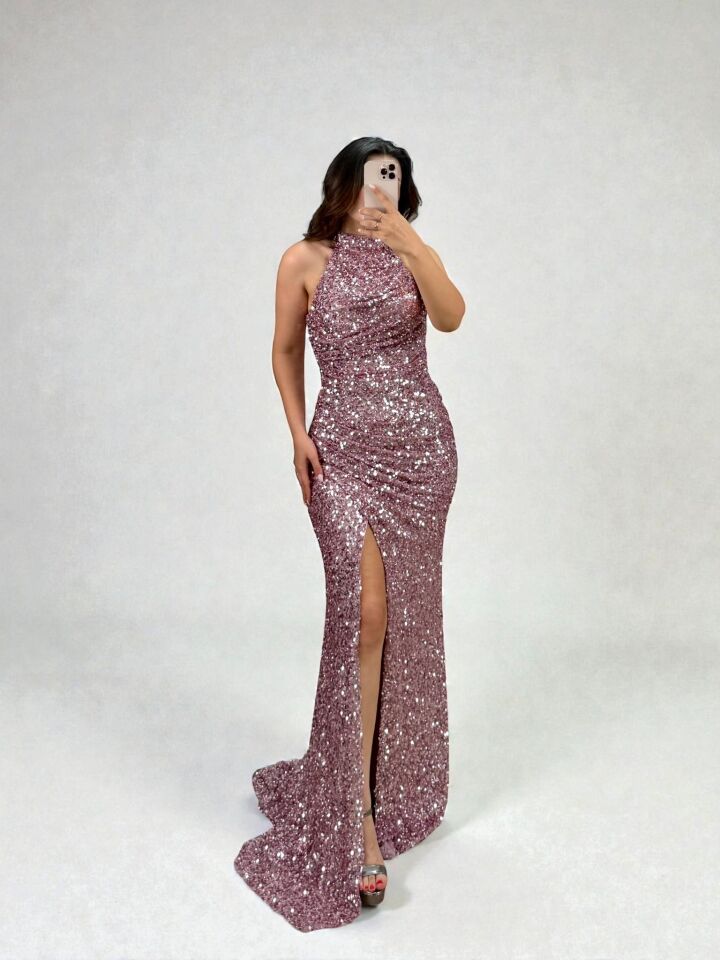 Tessa Halter Yaka Full Payetli Pembe Renk Abiye Elbise 40