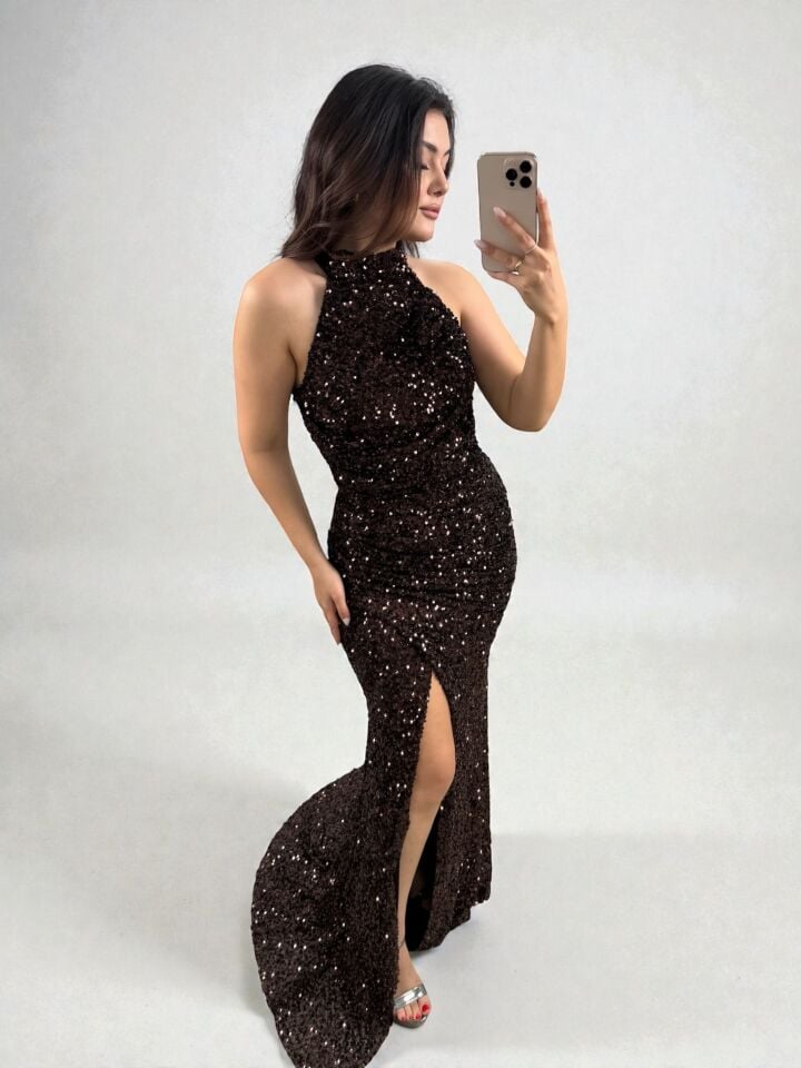 Tessa Halter Yaka Full Payetli Acı Kahve Renk Abiye Elbise 36