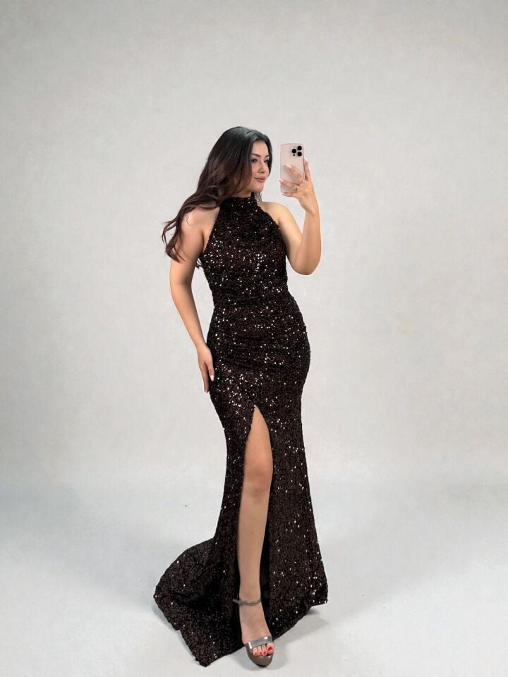 Tessa Halter Yaka Full Payetli Acı Kahve Renk Abiye Elbise 40