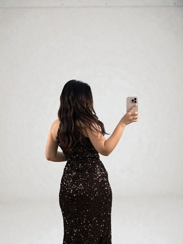 Tessa Halter Yaka Full Payetli Acı Kahve Renk Abiye Elbise 36