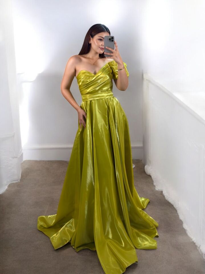 Galya Tek Kol Saten Parlak Zeytin Yeşili Abiye Elbise 38