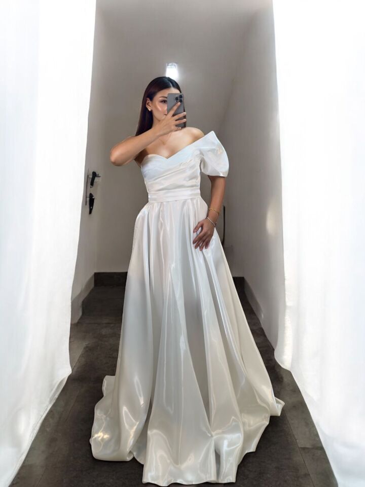 Galya Tek Kol Saten Parlak Beyaz Renk Abiye Elbise 36