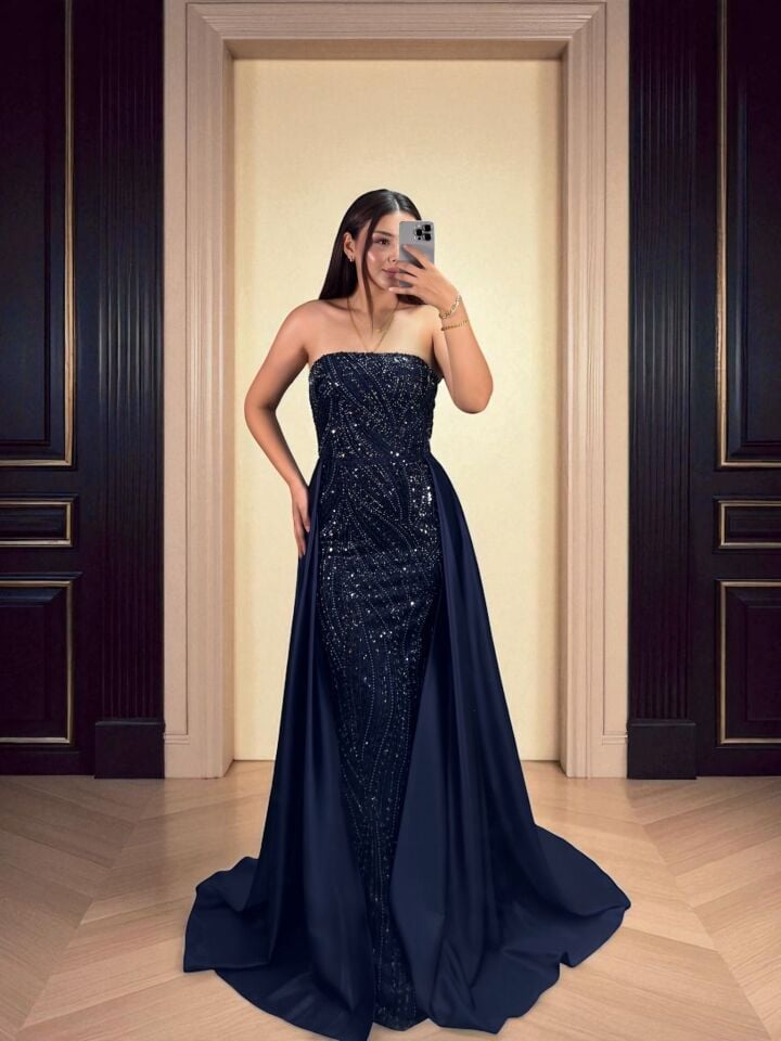 Diva Tasarım Payet Ve Boncuk İşlemeli Pelerinli Lacivert Abiye Elbise