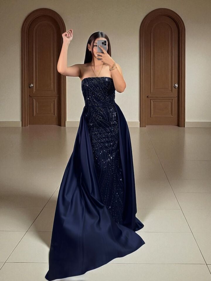 Diva Tasarım Payet Ve Boncuk İşlemeli Pelerinli Lacivert Abiye Elbise 40