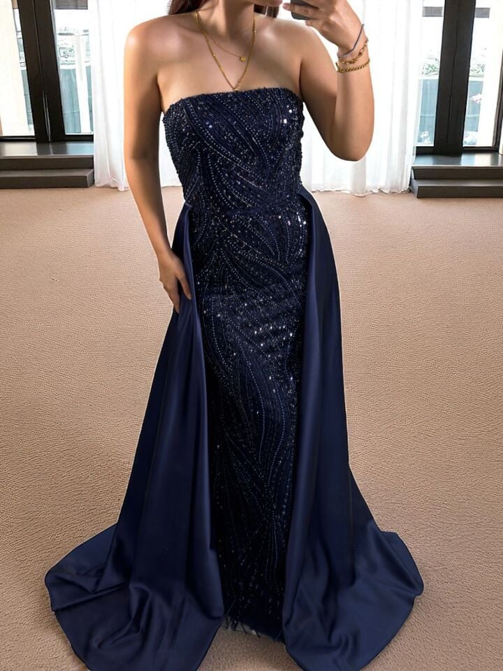 Diva Tasarım Payet Ve Boncuk İşlemeli Pelerinli Lacivert Abiye Elbise 44