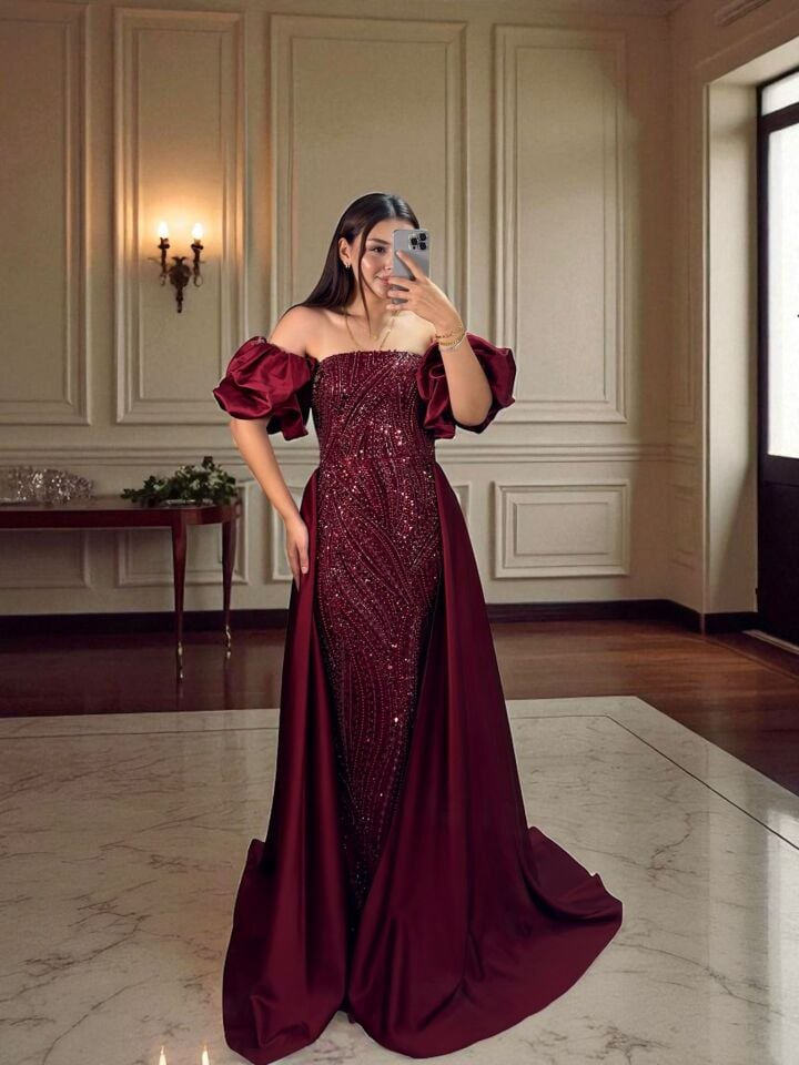 Diva Tasarım Payet Ve Boncuk İşlemeli Pelerinli Bordo Abiye Elbise 38