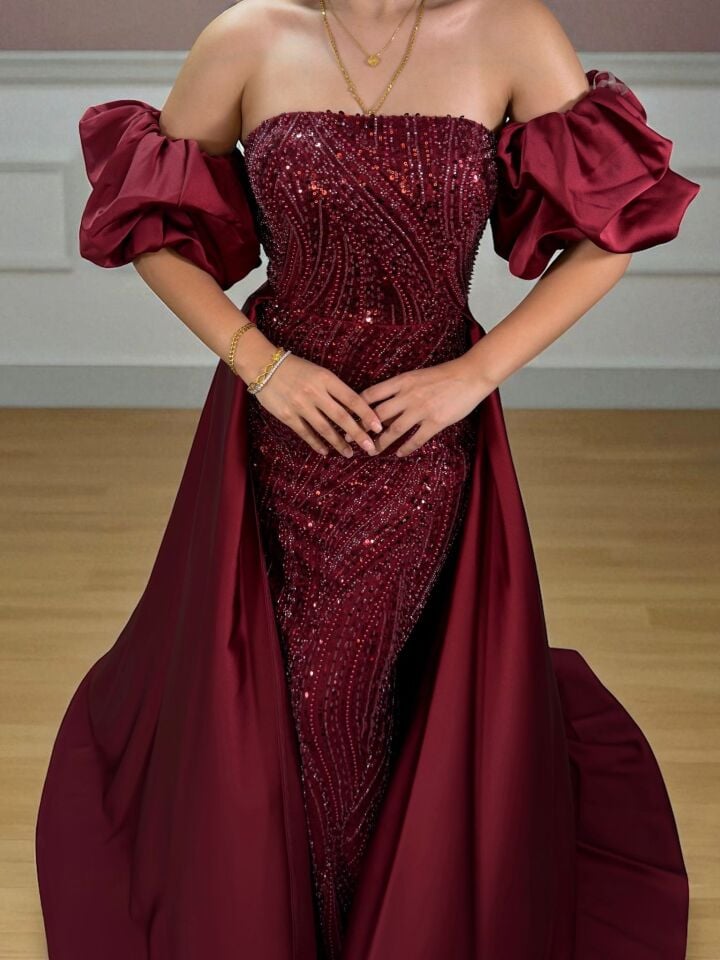 Diva Tasarım Payet Ve Boncuk İşlemeli Pelerinli Bordo Abiye Elbise 44