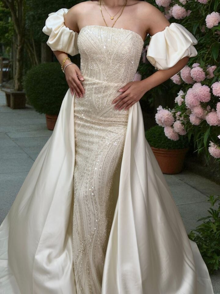 Diva Tasarım Payet Ve Boncuk İşlemeli Pelerinli  Ekru Renk Elbise 40