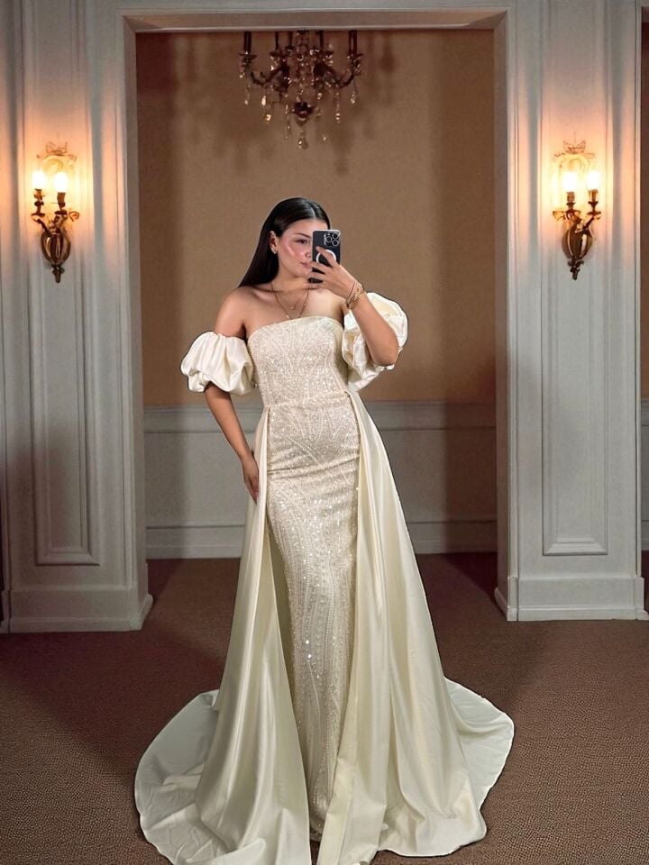 Diva Tasarım Payet Ve Boncuk İşlemeli Pelerinli  Ekru Renk Elbise 40