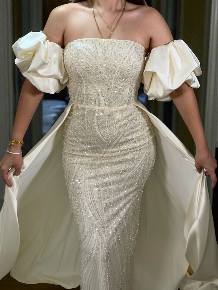 Diva Tasarım Payet Ve Boncuk İşlemeli Pelerinli  Ekru Renk Elbise 38