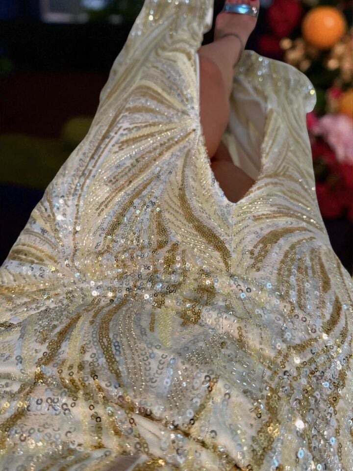 Vega Boncuk Ve Taş İşlemeli Balık Yırtmaçlı Ekru Abiye Elbise 42