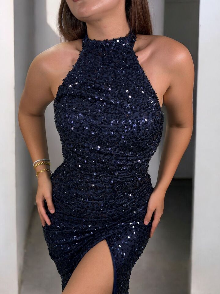 Tessa Halter Yaka Full Payetli Lacivert Abiye Elbise 40