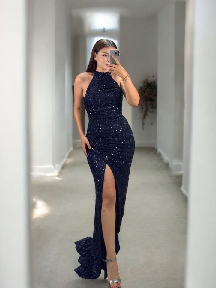 Tessa Halter Yaka Full Payetli Lacivert Abiye Elbise 42