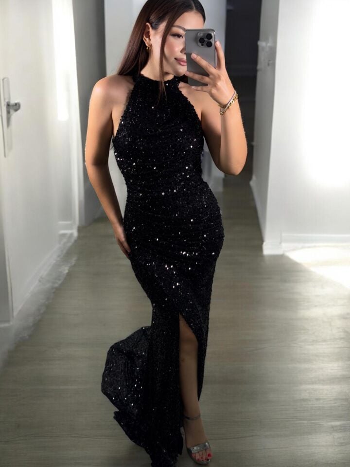 Tessa Halter Yaka Full Payetli Siyah Abiye Elbise 42