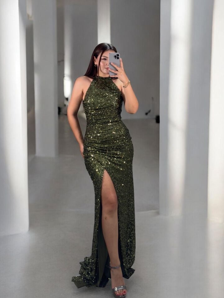 Tessa Halter Yaka Full Payetli Yeşil Abiye Elbise 40