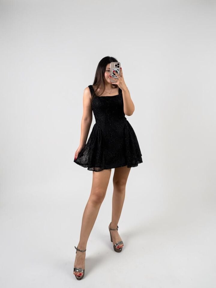 Viyana Dantelli Boncuk İşlemeli Siyah Mini Elbise 40