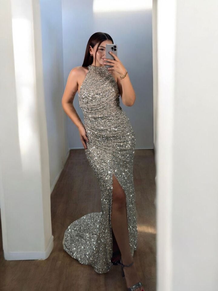 Tessa Halter Yaka Full Payetli Gümüş Renk Abiye Elbise