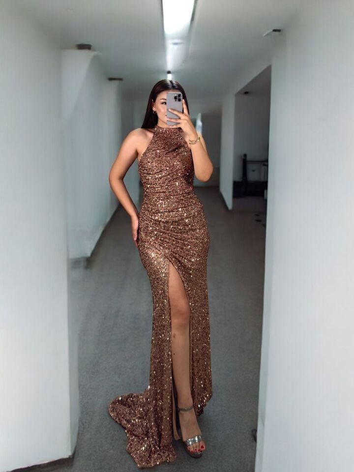 Tessa Halter Yaka Full Payetli Rose Gold Renk Abiye Elbise