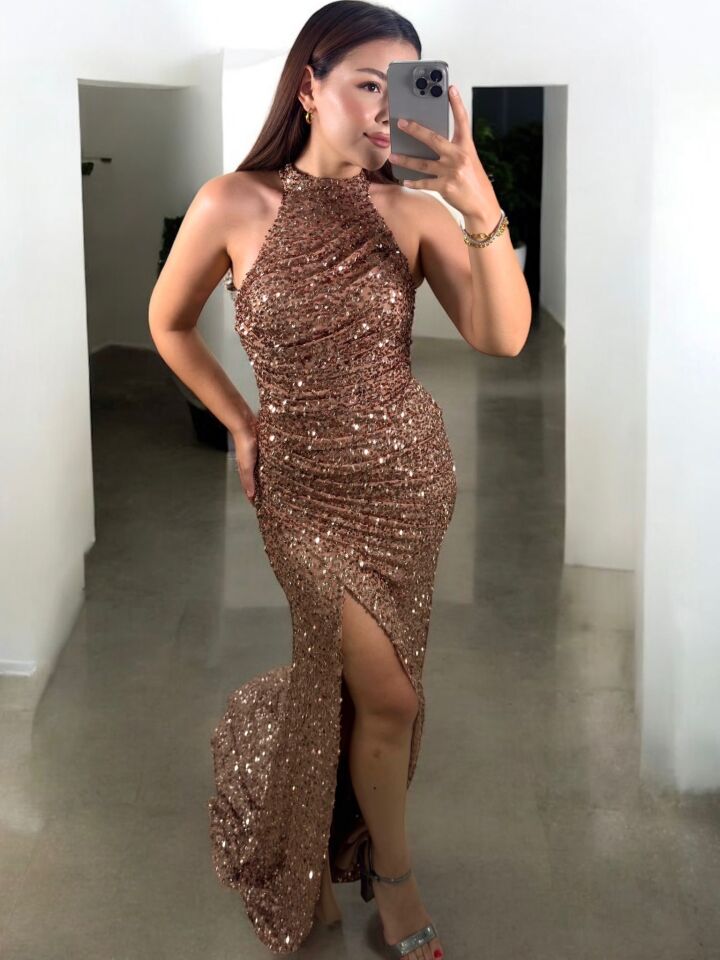 Tessa Halter Yaka Full Payetli Rose Gold Renk Abiye Elbise