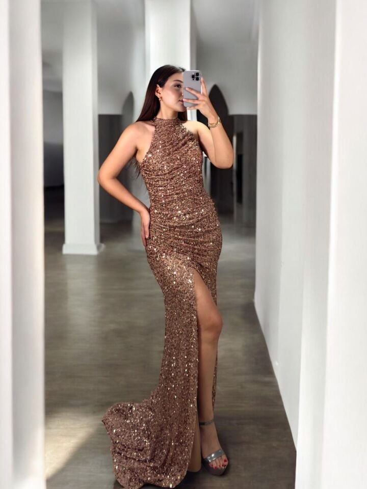 Tessa Halter Yaka Full Payetli Rose Gold Renk Abiye Elbise