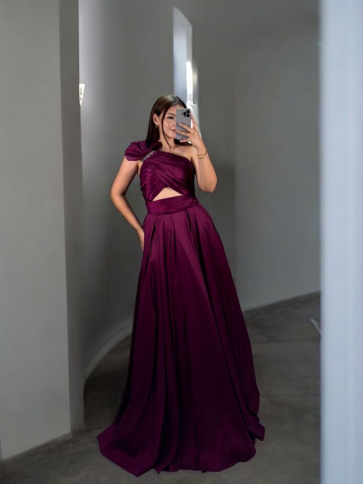 Royal Tek Omuz Tafta Saten Mor Abiye Elbise 40