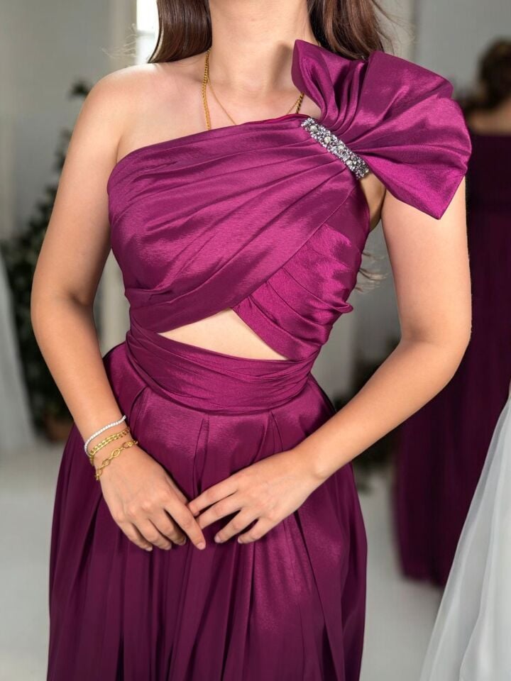 Royal Tek Omuz Tafta Saten Mor Abiye Elbise 36